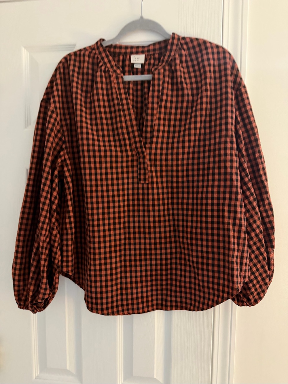 a new day Orange and Black Gingham Split-Neck Blouse